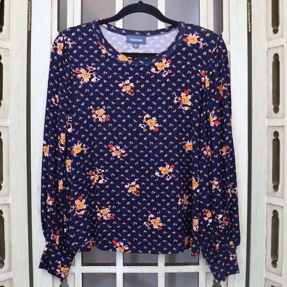 Modcloth Navy Floral Balloon Sleeve Top Size M - Picture 1 of 7
